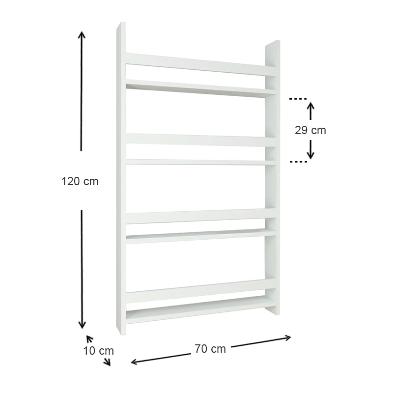 Wall Bookshelf KIDO in white, measuring 70x10x120cm, designed for children's autonomy and organization.